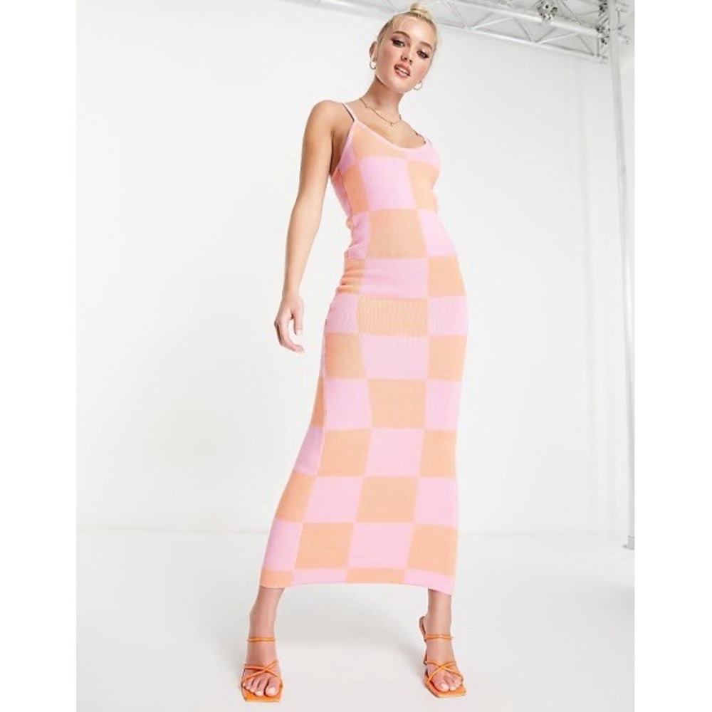 Peppermayo Pink and Orange Checkerboard Maxi Dress